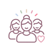 Three outlined people with a small heart and colored accent marks above them