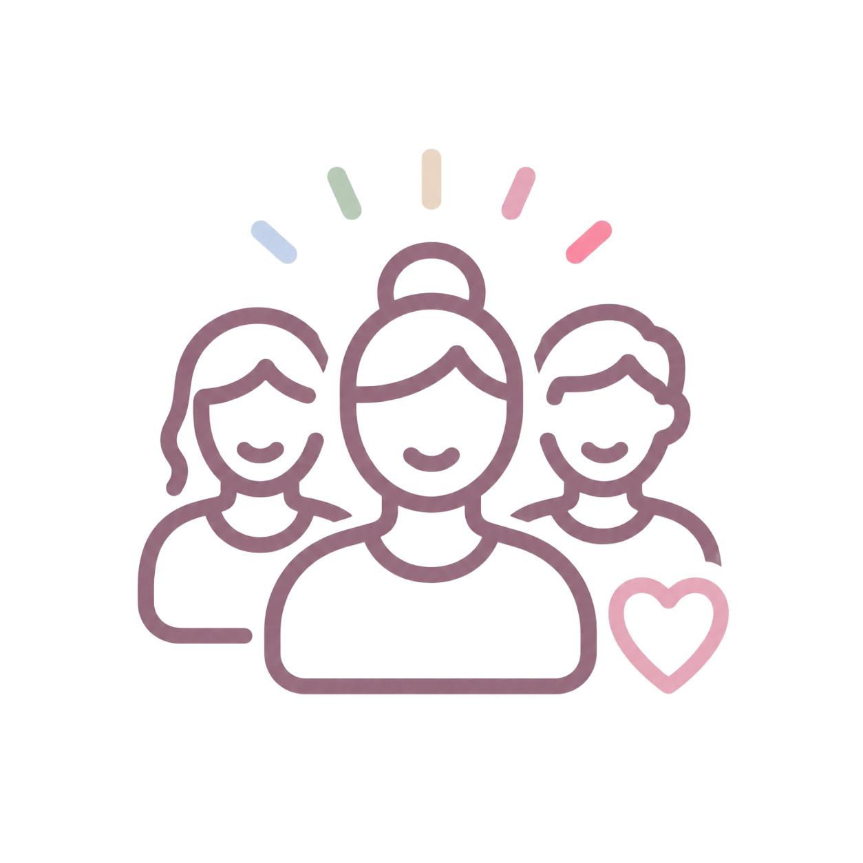 Three outlined people with a small heart and colored accent marks above them