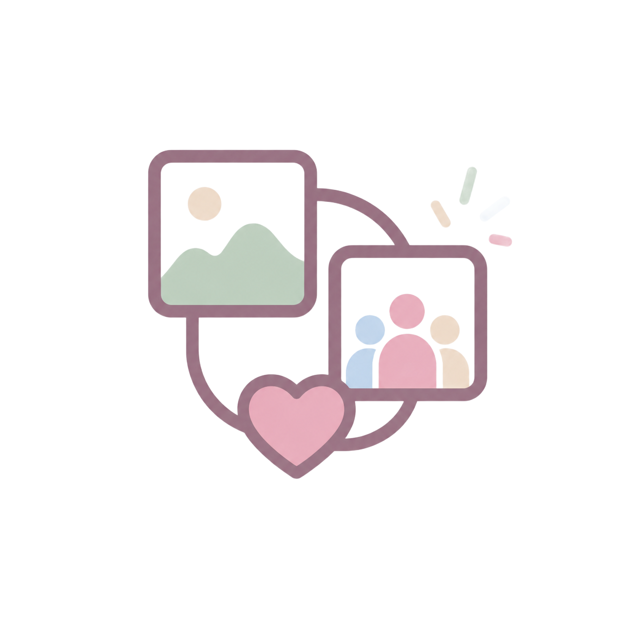 Pastel icon of two framed photos and a pink heart connected by a curved line
