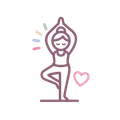 Line-art person in yoga tree pose with raised arms, purple outline, heart and pastel accents