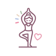 Line-art of a person doing tree pose with a pink heart and pastel accents.