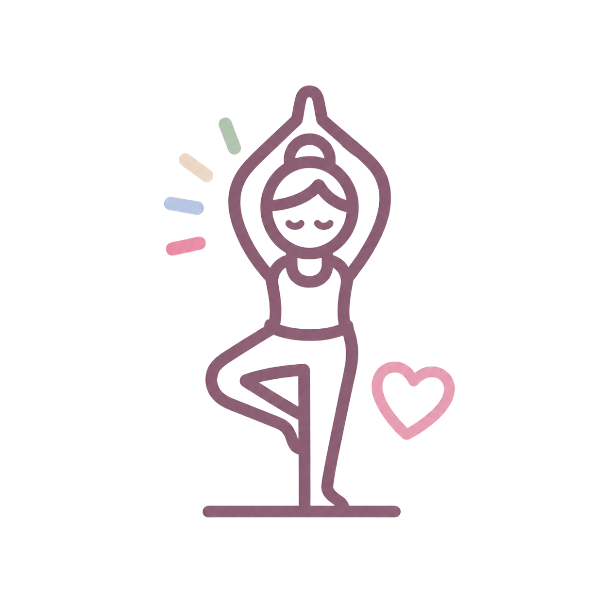 Line-art of a person doing tree pose with a pink heart and pastel accents.