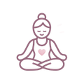 Line-art icon of a person meditating cross-legged, with a heart on the chest, in muted purple.