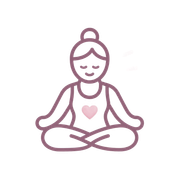 Line-art illustration of a person meditating cross-legged with a heart on the chest, in soft pink outline.