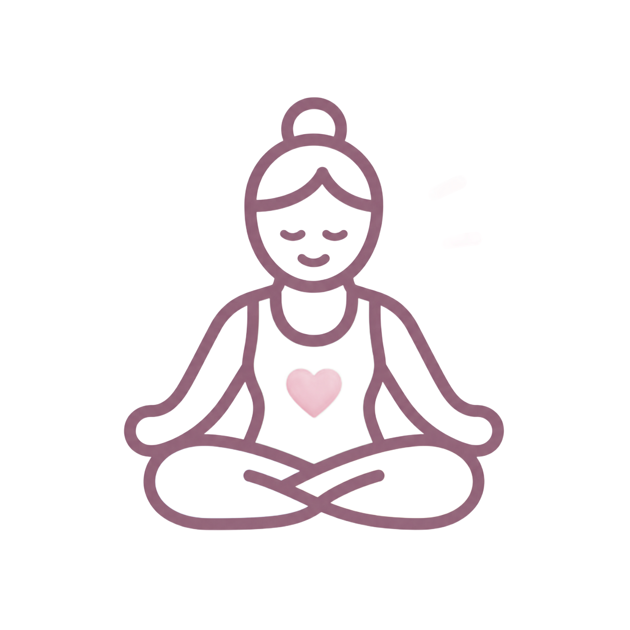 Line-art illustration of a person meditating cross-legged with a heart on the chest, in soft pink outline.