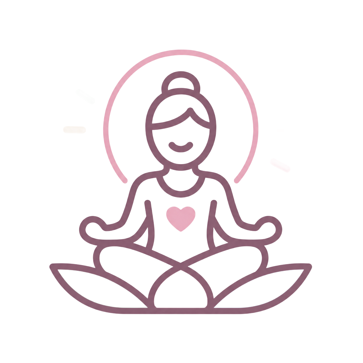 Line-art icon of a person meditating on a lotus flower in pink tones