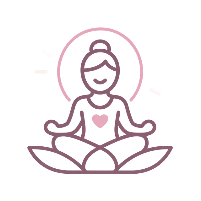 Line-art icon of a person meditating with a heart on the chest in soft pink tones