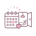 Pastel line art of a calendar and open door with a lamp, plant, and heart icon