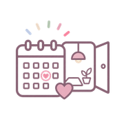 Pastel calendar and open door with hanging lamp, plant, and heart accents