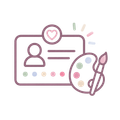 Minimal line icon of a profile card with heart badge and paint palette with brush in pastel colors