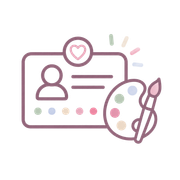 Stylized ID card with profile icon, heart badge, and paint palette with brush in pastel colors