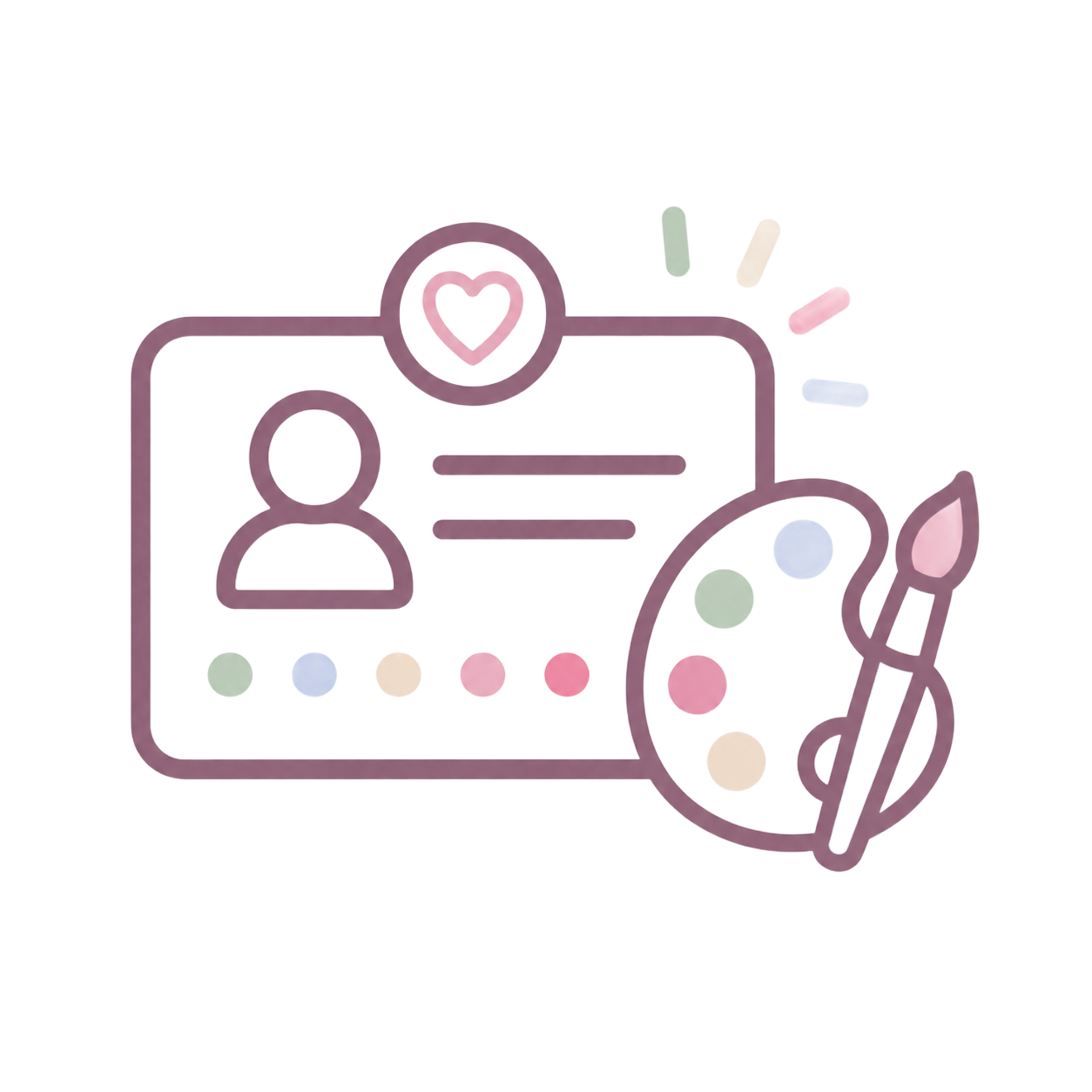 Stylized ID card with profile icon, heart badge, and paint palette with brush in pastel colors