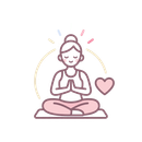 Woman meditating cross-legged on a mat with hands in prayer, surrounded by soft pastel hearts and halo lines