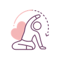Line-art yoga pose with pink heart and dotted arrow in purple and pink.