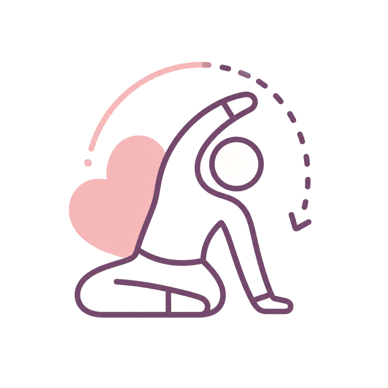 Line-art yoga pose with pink heart and dotted arrow in purple and pink.