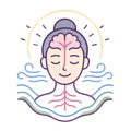 Meditating face with pink brain, closed eyes, and blue flowing lines, surrounded by a golden halo