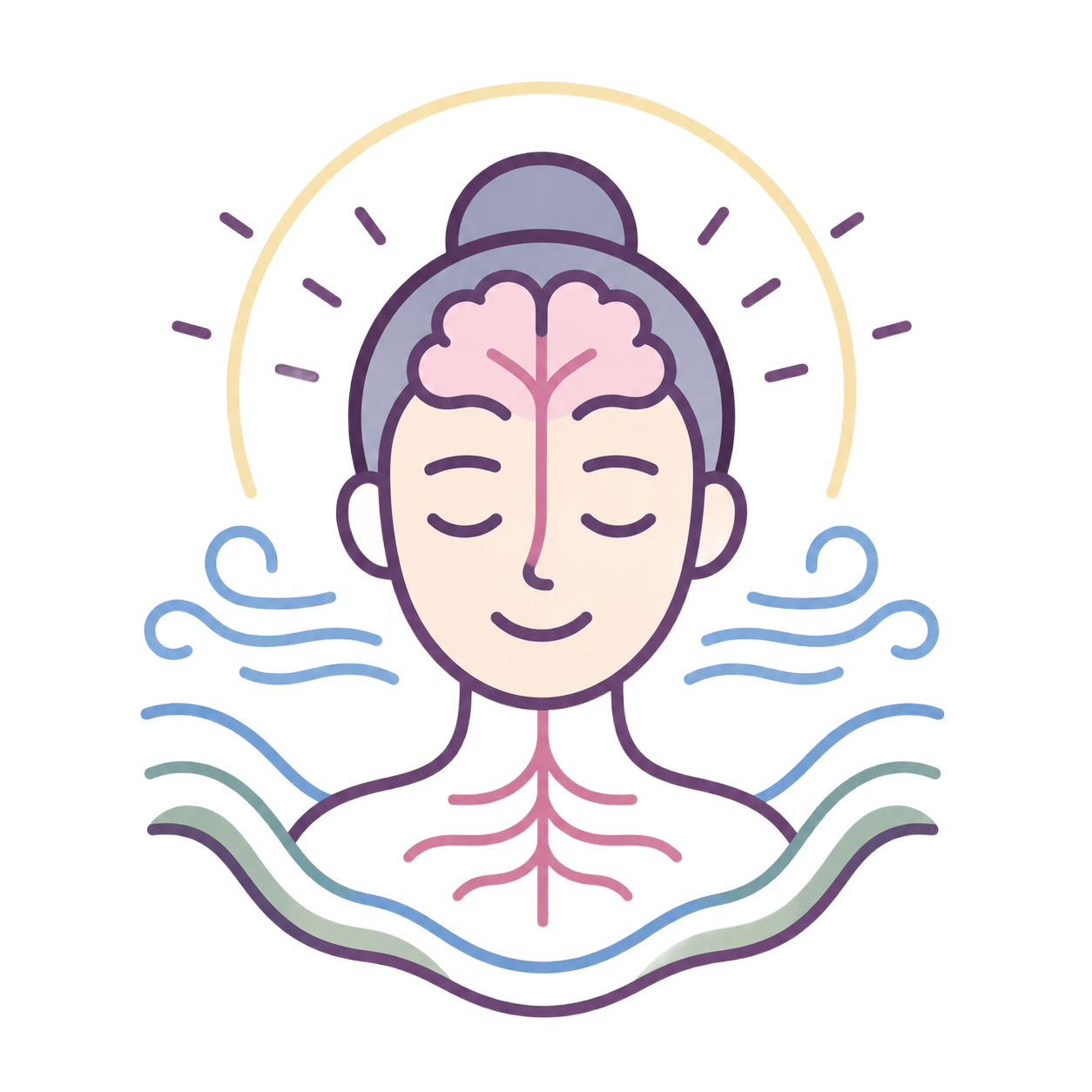 Meditating face with pink brain, closed eyes, and blue flowing lines, surrounded by a golden halo