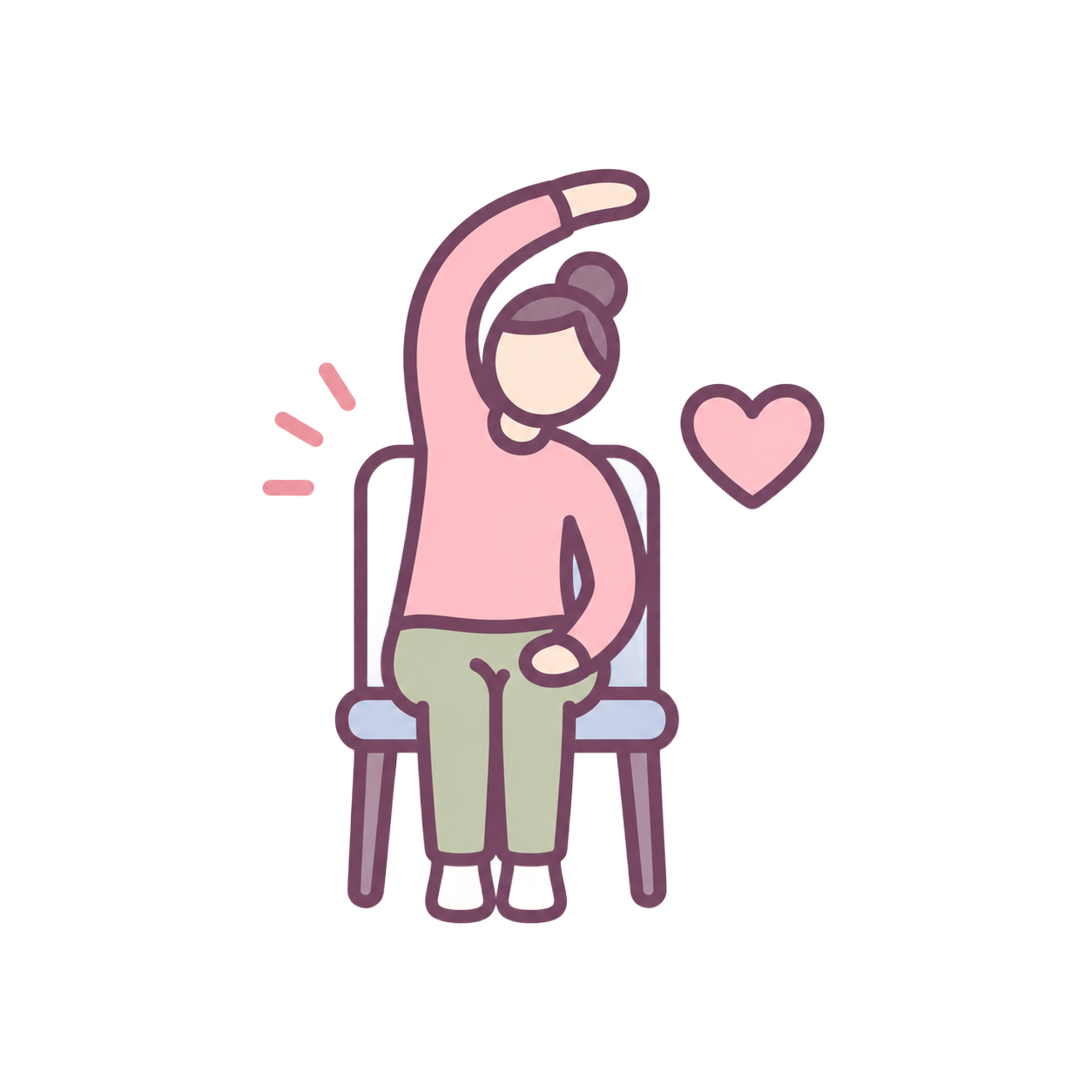 Person stretching with raised arm on a chair, with a pink heart beside them