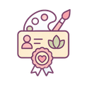 Stylized pastel icon of an artist palette, brush, ID card, leaf, and ribbon badge