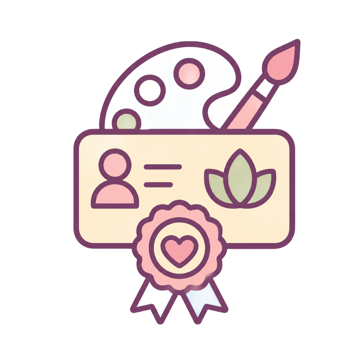 Pink and beige award icon with palette, paintbrush, leaf, and ribbon badge