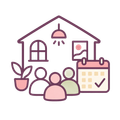 Family home icon with calendar, plant, and framed picture in soft pink and purple tones