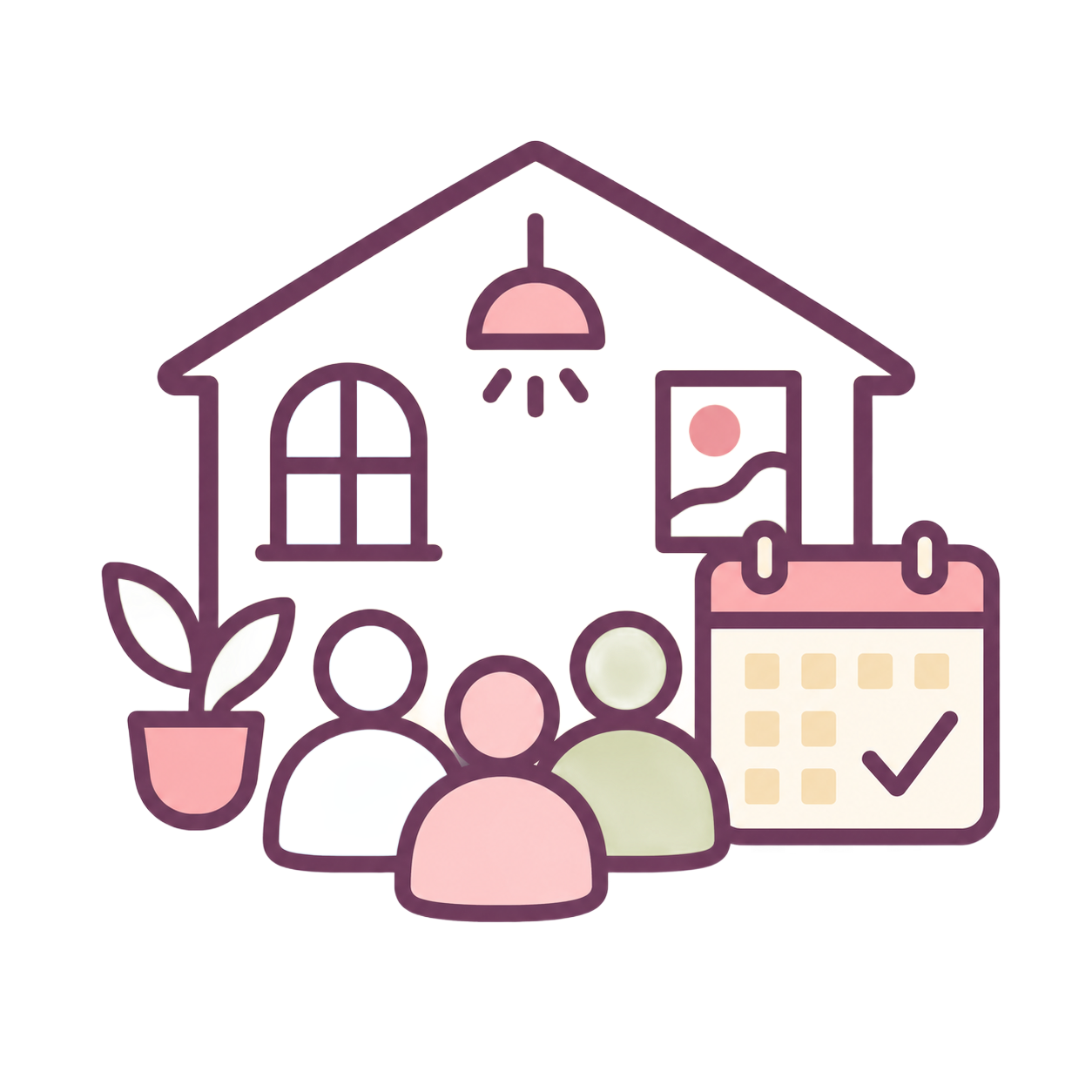 Family home icon with calendar, plant, and framed picture in soft pink and purple tones