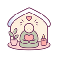 Pastel illustration of a person meditating in a house-shaped nook with a plant and candle, holding a heart