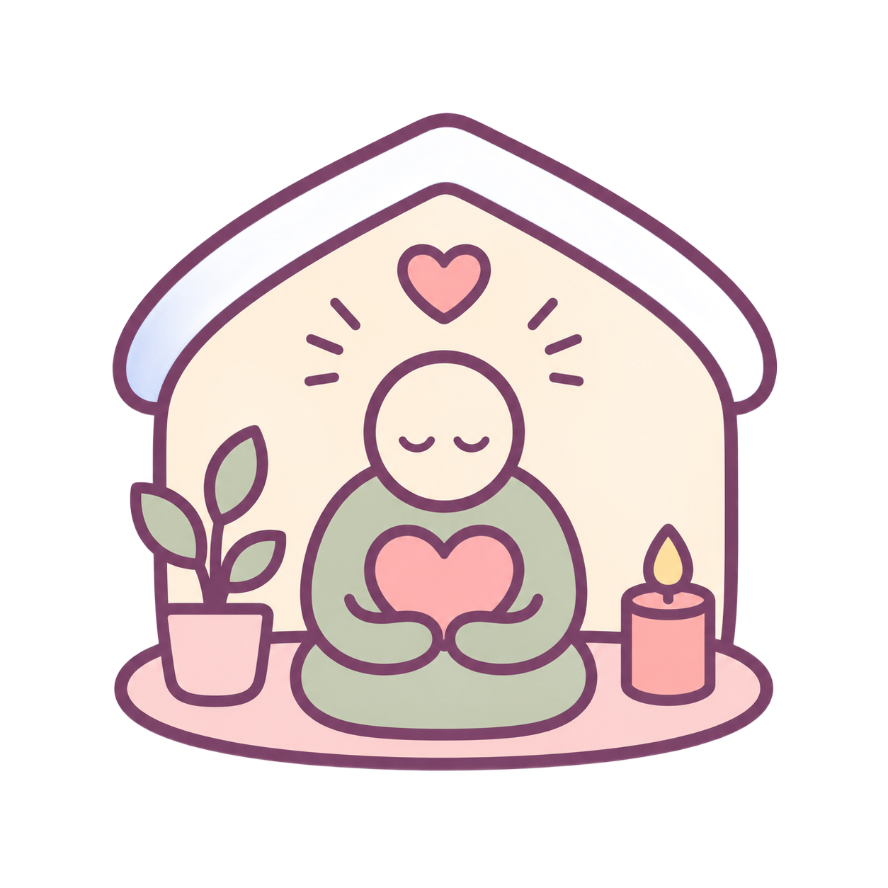 Pastel illustration of a person meditating in a house-shaped nook with a plant and candle, holding a heart