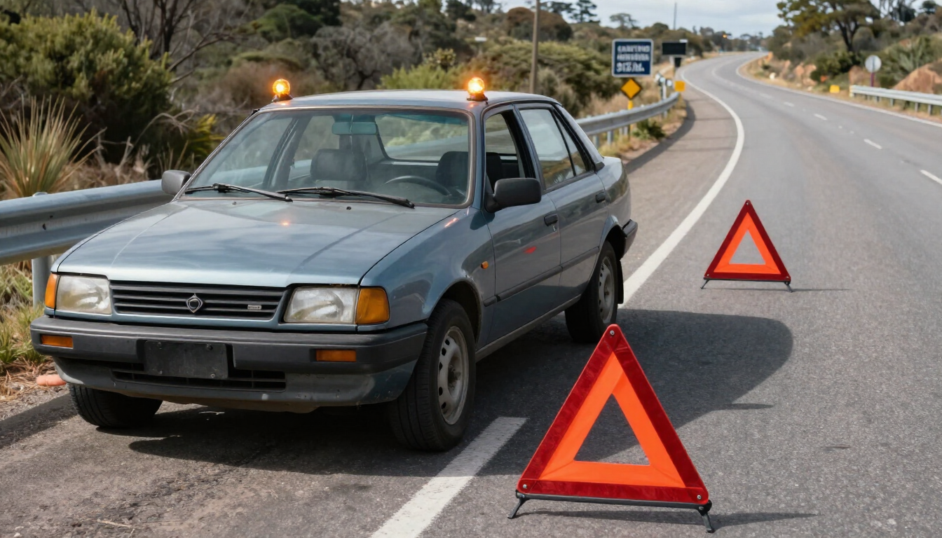 Sedán azul averiado al costado de la carretera con dos triángulos de advertencia en una curva.