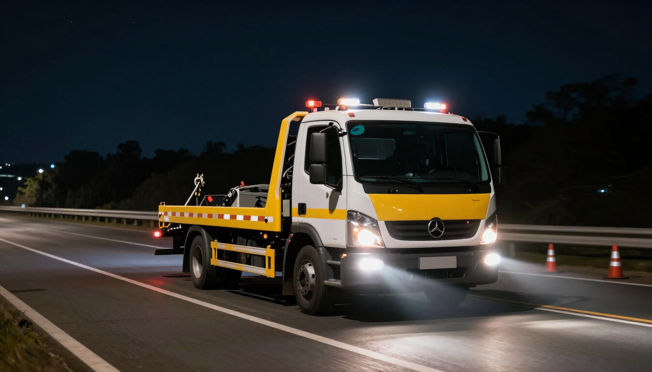 Grúa amarilla con luces intermitentes circulando por una autopista de noche.
