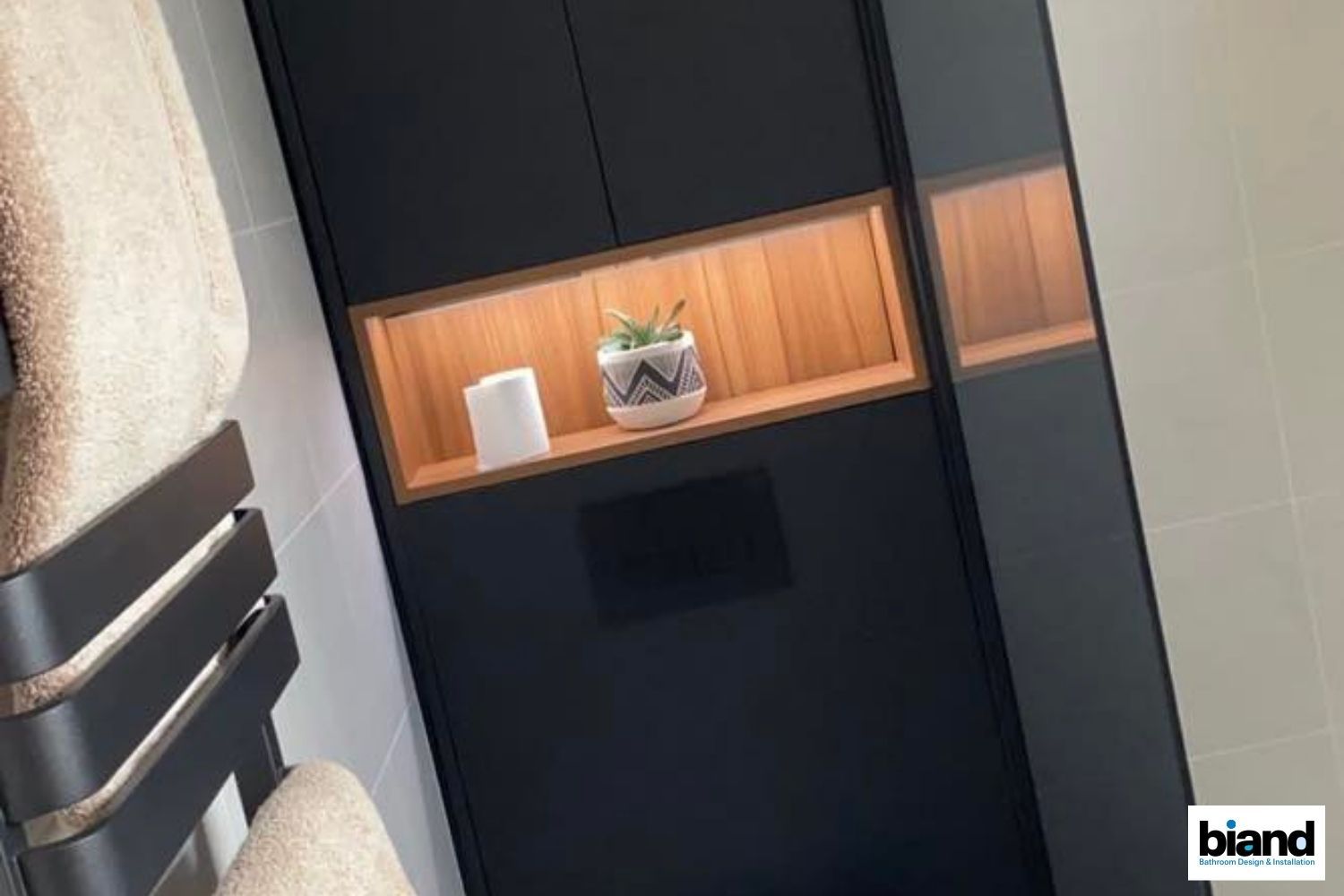 Dark bathroom cabinet with wood-lined shelf, holding candle and plant. Black towel warmer on left.