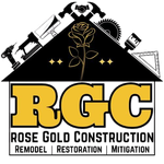 Rose Gold Construction logo with gold RGC letters, black roof tools, and rose graphic