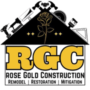 Rose Gold Construction logo with gold RGC letters, black roof tools, and rose graphic