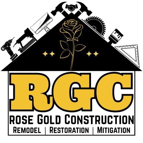 Rose Gold Construction logo with gold RGC letters, black roof tools, and rose graphic