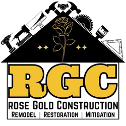Rose Gold Construction logo with gold RGC letters, black roof tools, and rose graphic