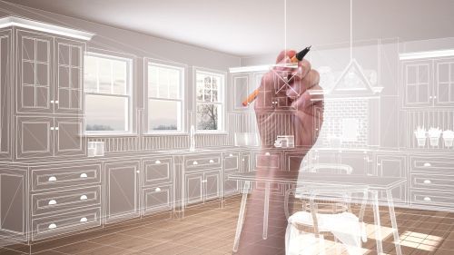 Person in a bright kitchen using a tablet, overlaid with smart home interface icons.
