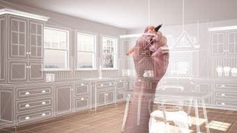 Person in a bright kitchen using a tablet, overlaid with smart home interface icons.