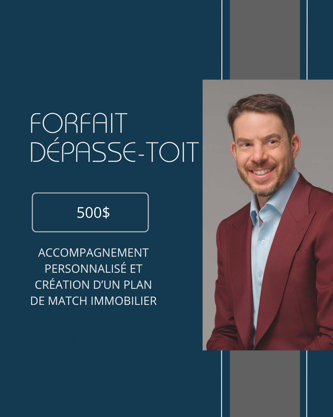 Annonce immobilière française sur fond bleu, avec un homme souriant en blazer bordeaux et le texte des prix.