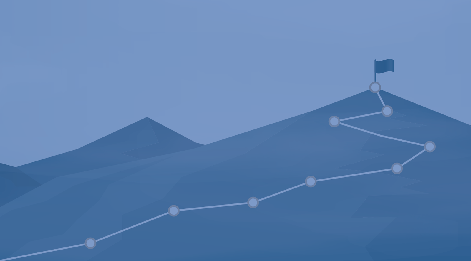 Blue mountain with a path marked by white dots leading to a flag at the peak.