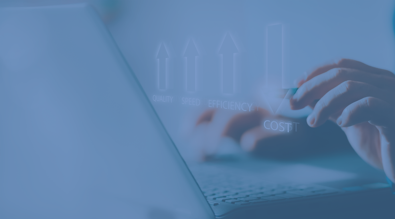 Person using a laptop, with superimposed bar graph and arrows, suggesting rising costs.