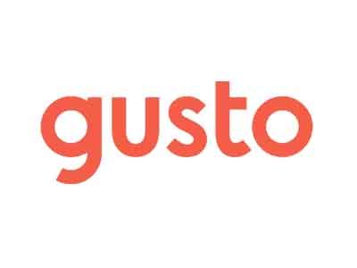 Gusto logo: orange wordmark on white background.