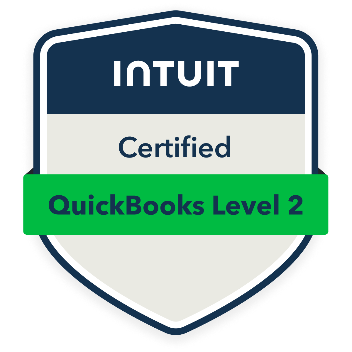 Intuit Certified QuickBooks Level 2 badge: Blue, white, and green shield-shaped graphic.