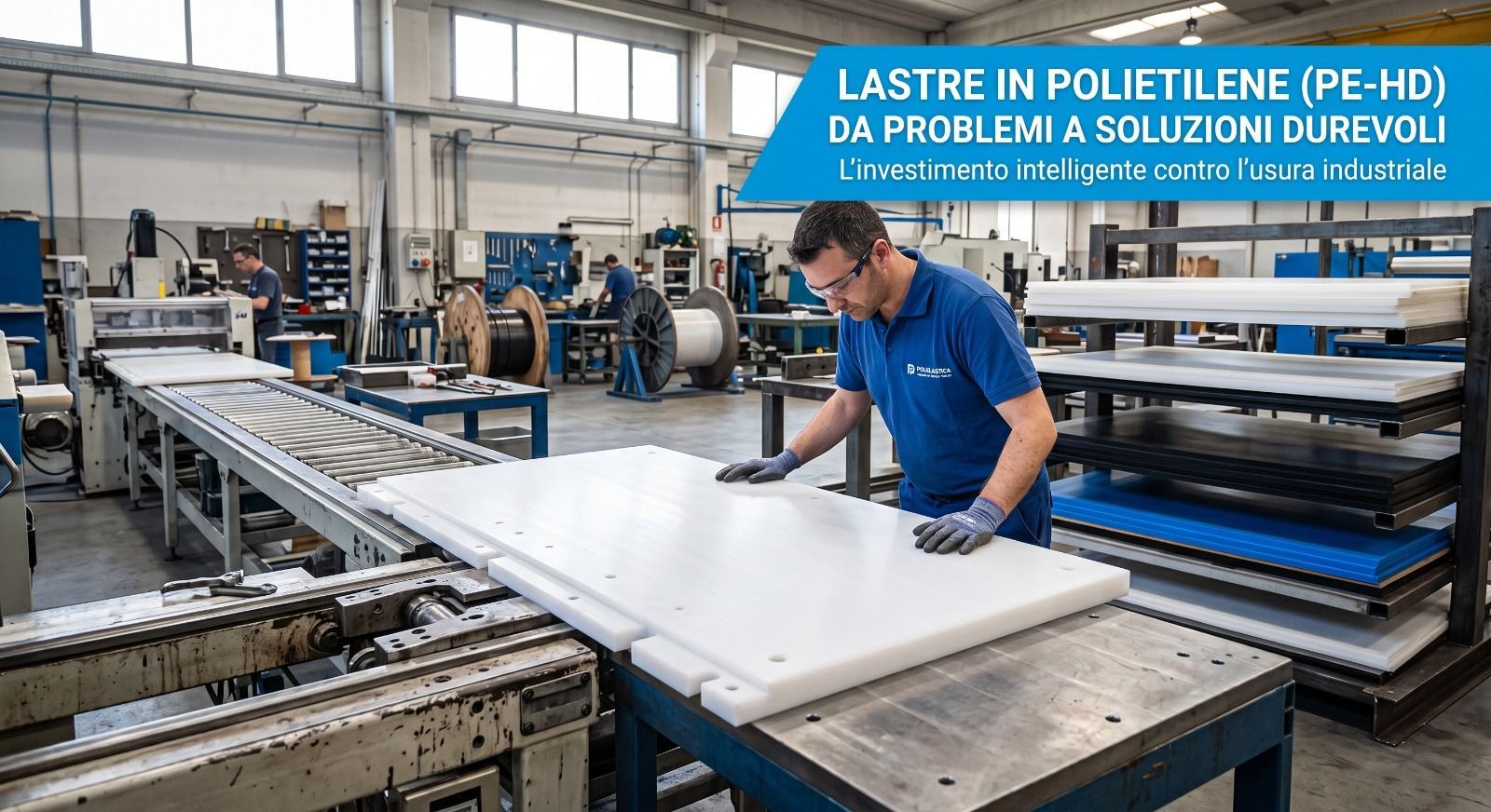 Tecnico in officina lavora una grande lastra in polietilene PE-HD bianco, resistente a usura