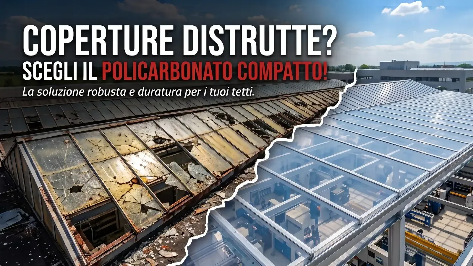 Confronto tra una vecchia copertura rotta e un nuovo tetto resistente in policarbonato compatto