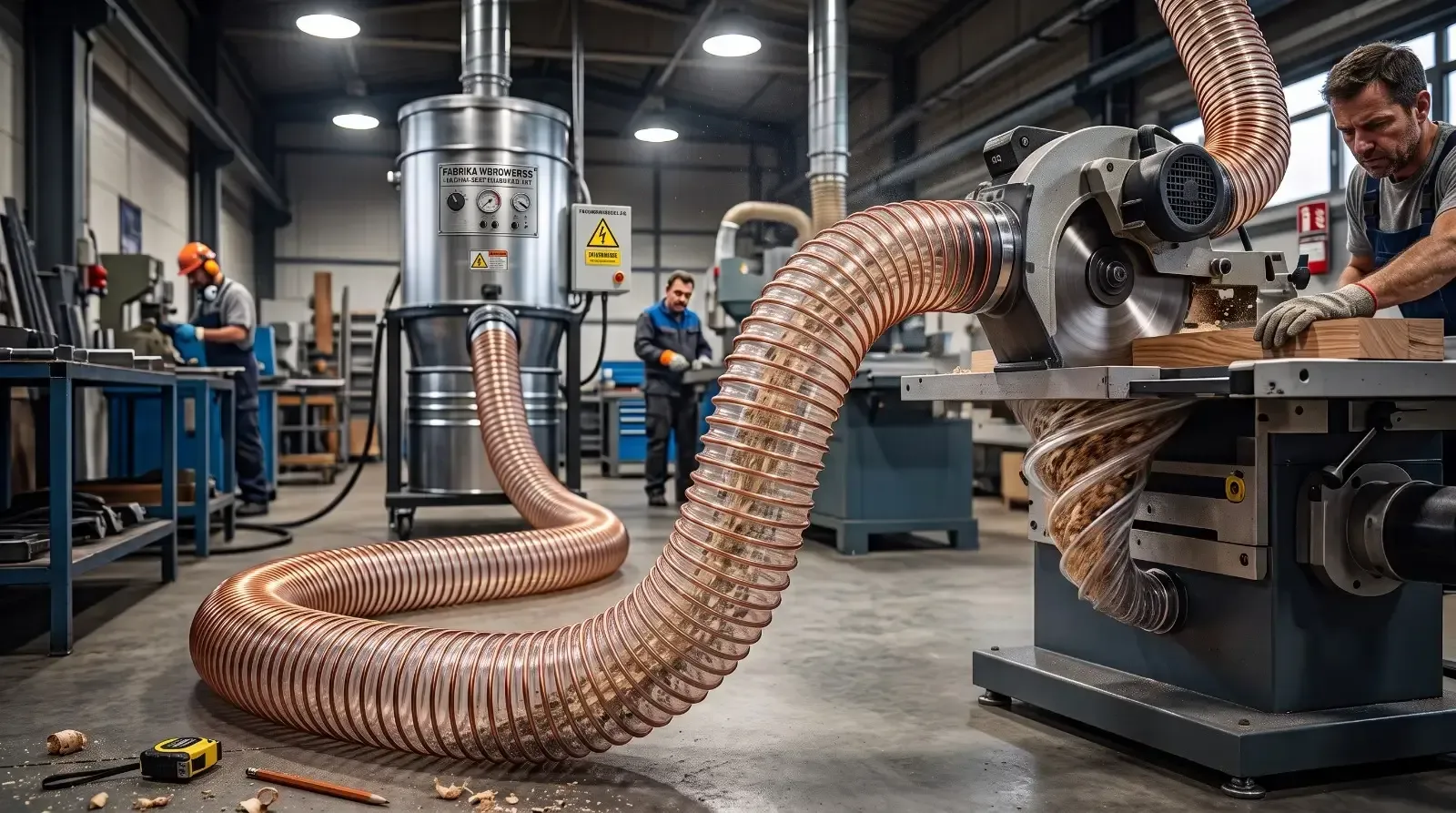 Tubo in poliuretano con spirale in acciaio ramato per l'aspirazione gravosa di trucioli in officina 