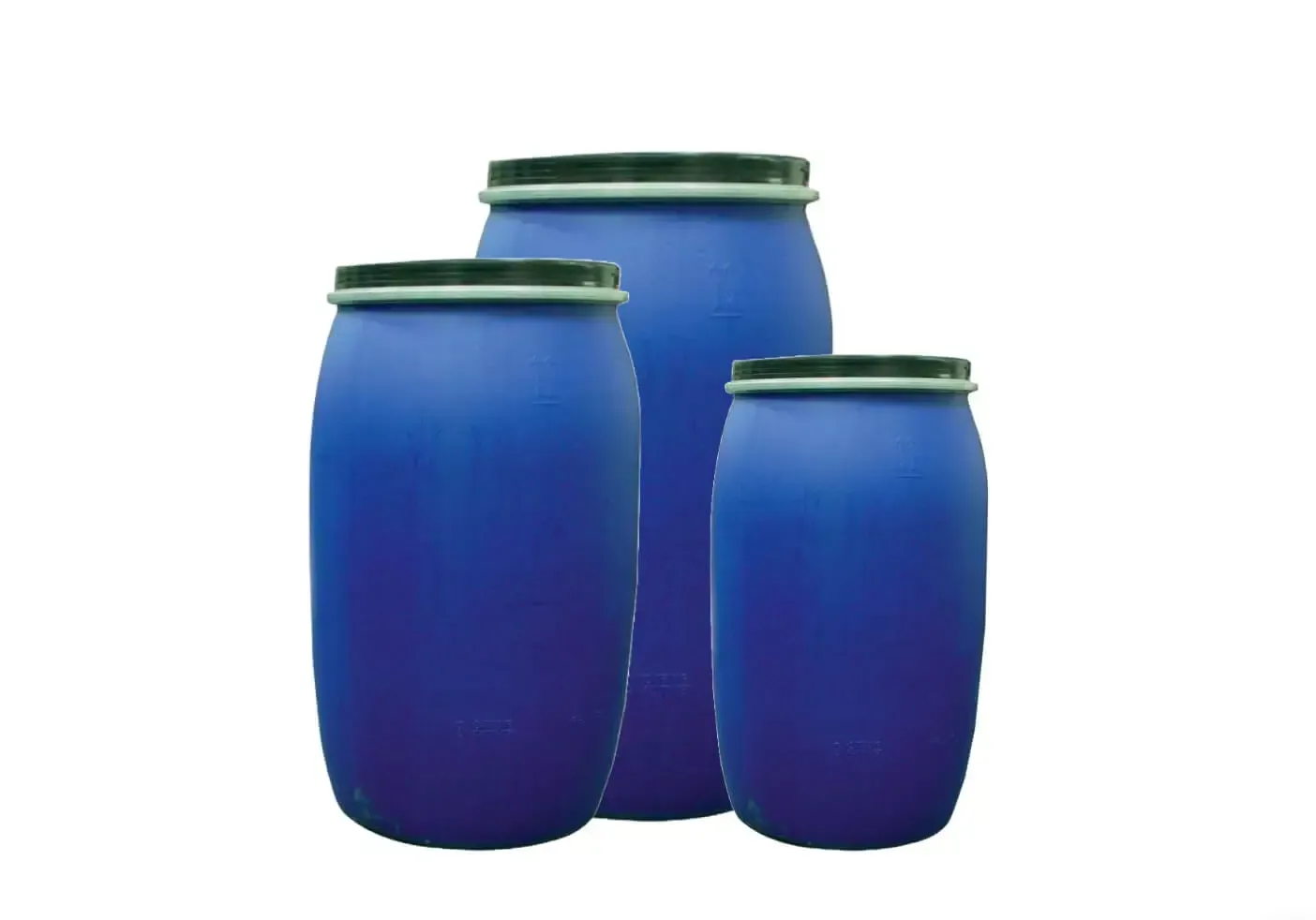 Fusti in plastica blu per stoccaggio di liquidi e prodotti industriali.