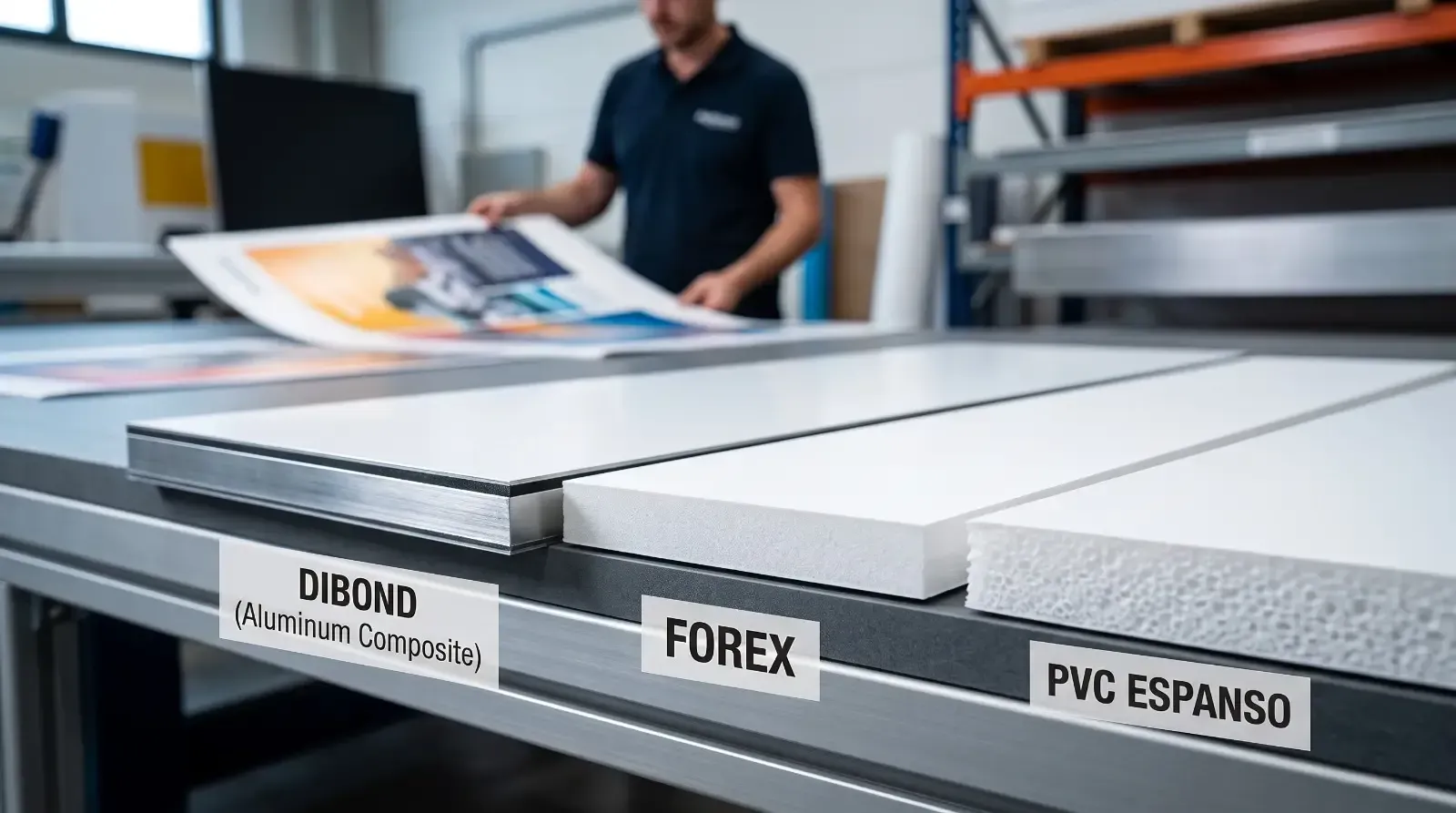 Un operatore in laboratorio grafico confronta pannelli tagliati a misura in DIBOND, Forex e PVC Espa