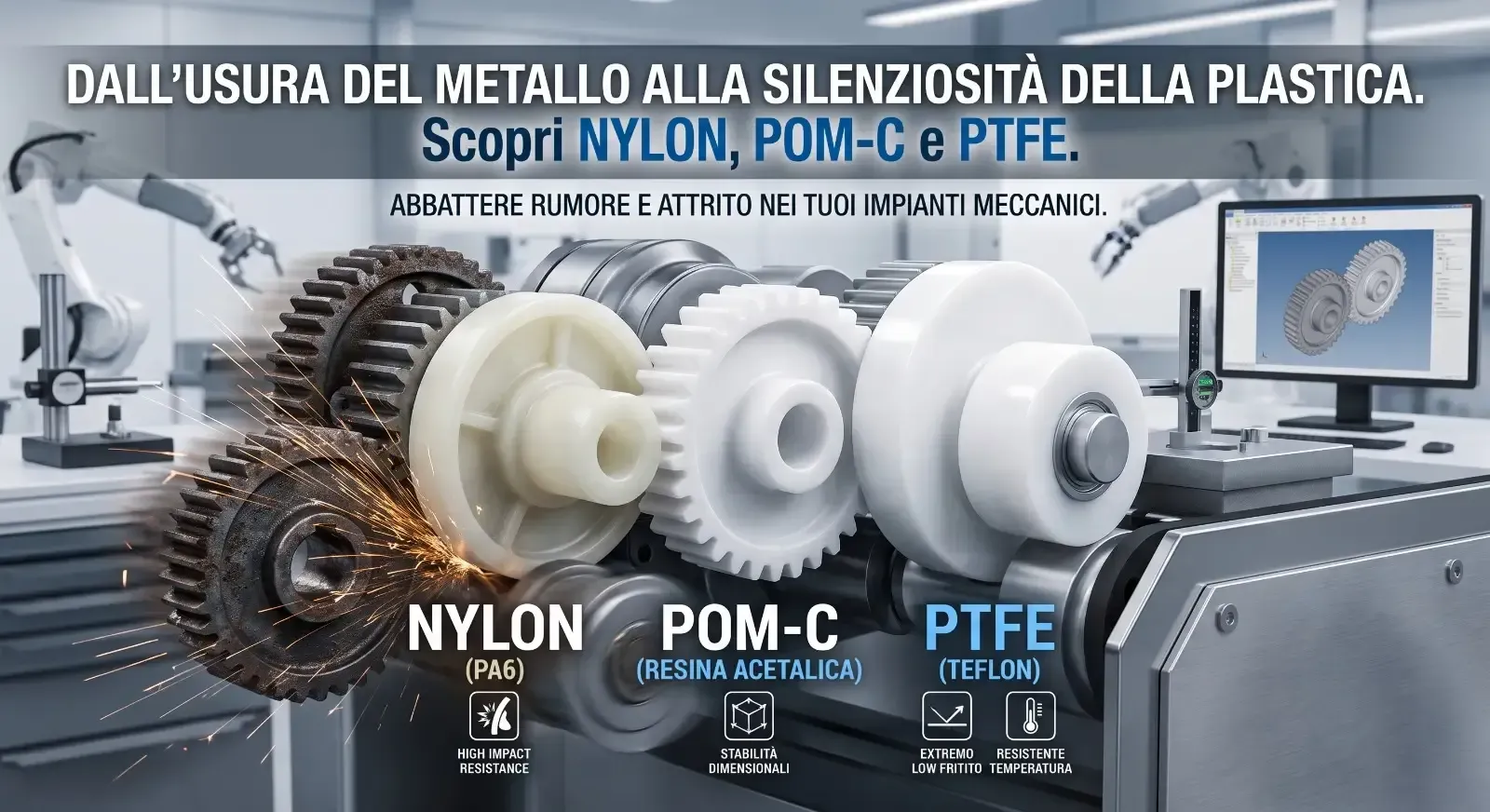 Confronto tra ingranaggi usurati in metallo e nuovi ingranaggi silenziosi in plastica tecnica