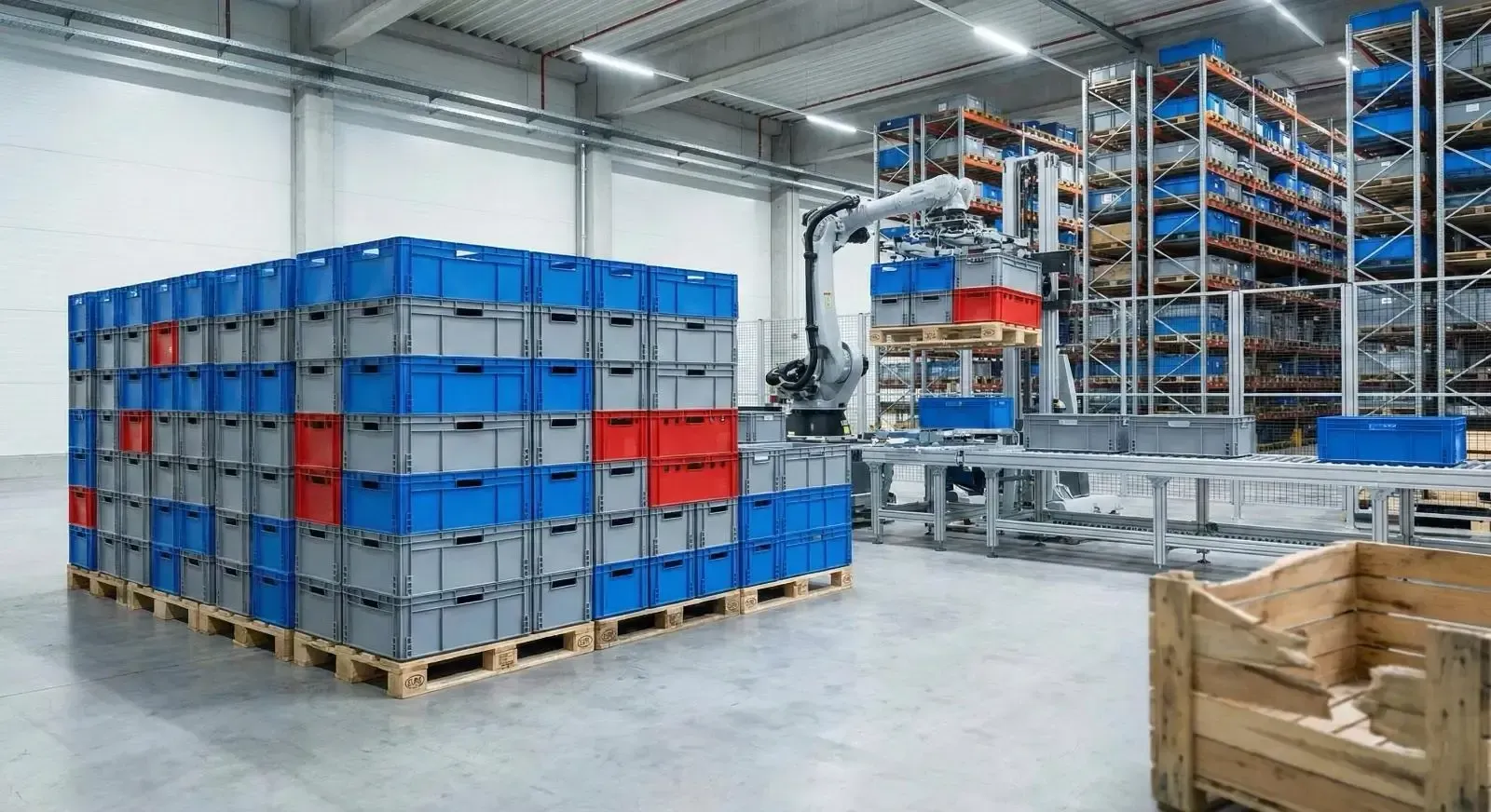Magazzino automatizzato con braccio robotico che movimenta pallet di cassette e contenitori industri