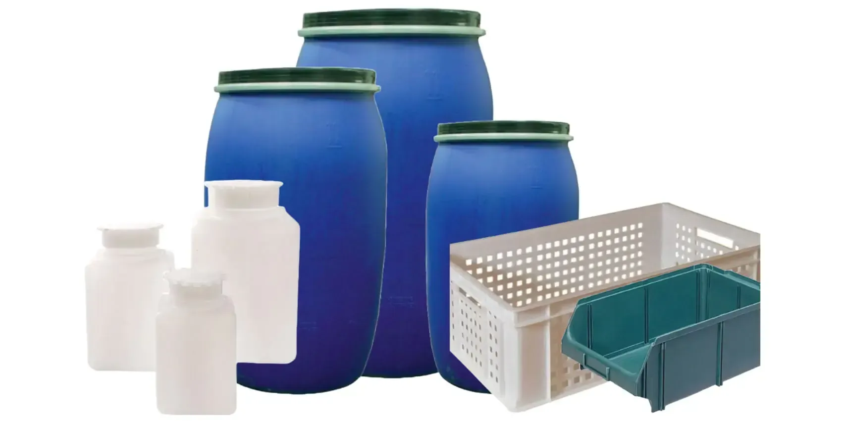 Contenitori industriali in plastica, fusti blu, taniche e cassette sovrapponibili